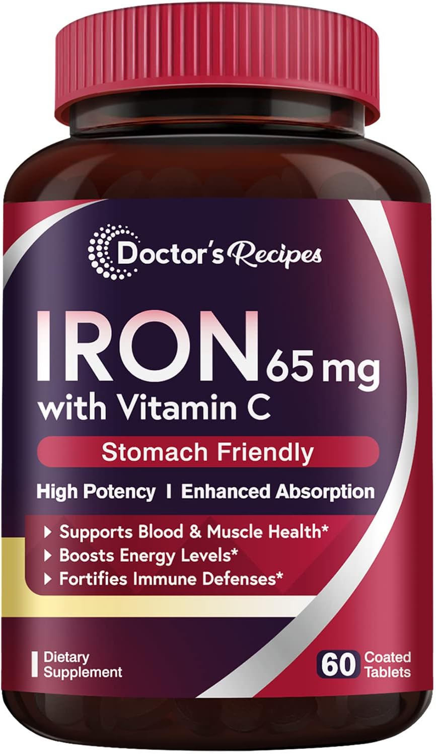 High Potency Iron Supplement with Vitamin C for Red Blood Cells & Immunity - 65 mg Iron Pills - Vegan & Non-GMO - 60 Tablets