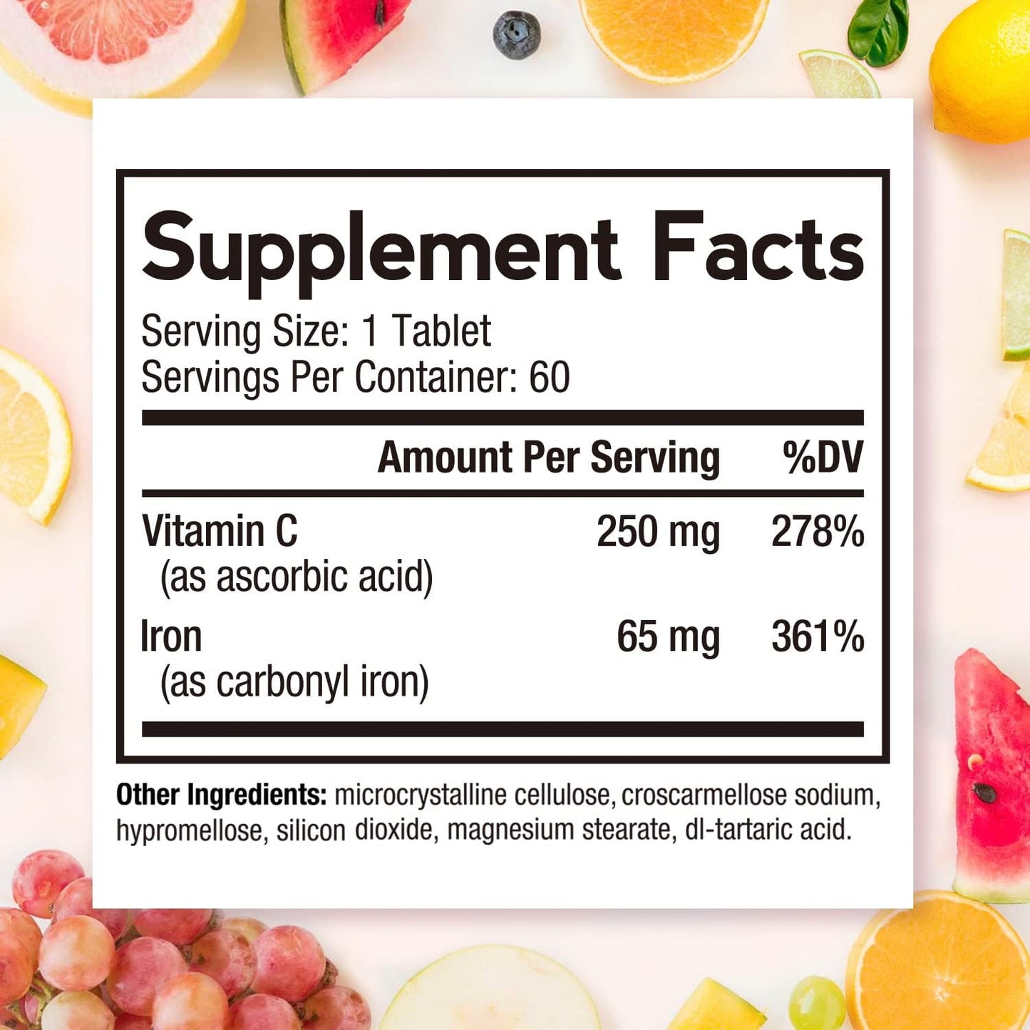 High Potency Iron Supplement with Vitamin C for Red Blood Cells & Immunity - 65 mg Iron Pills - Vegan & Non-GMO - 60 Tablets
