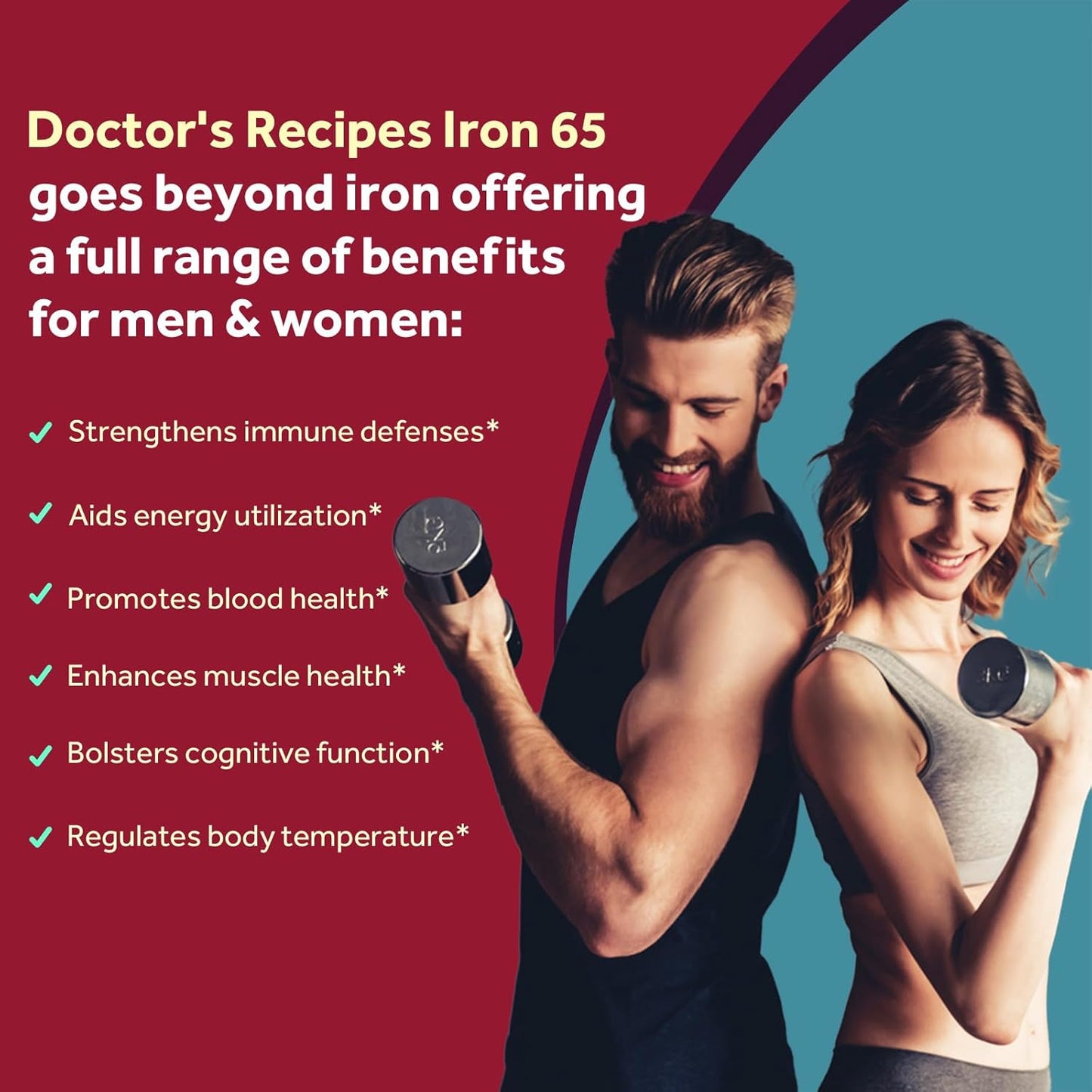 High Potency Iron Supplement with Vitamin C for Red Blood Cells & Immunity - 65 mg Iron Pills - Vegan & Non-GMO - 60 Tablets