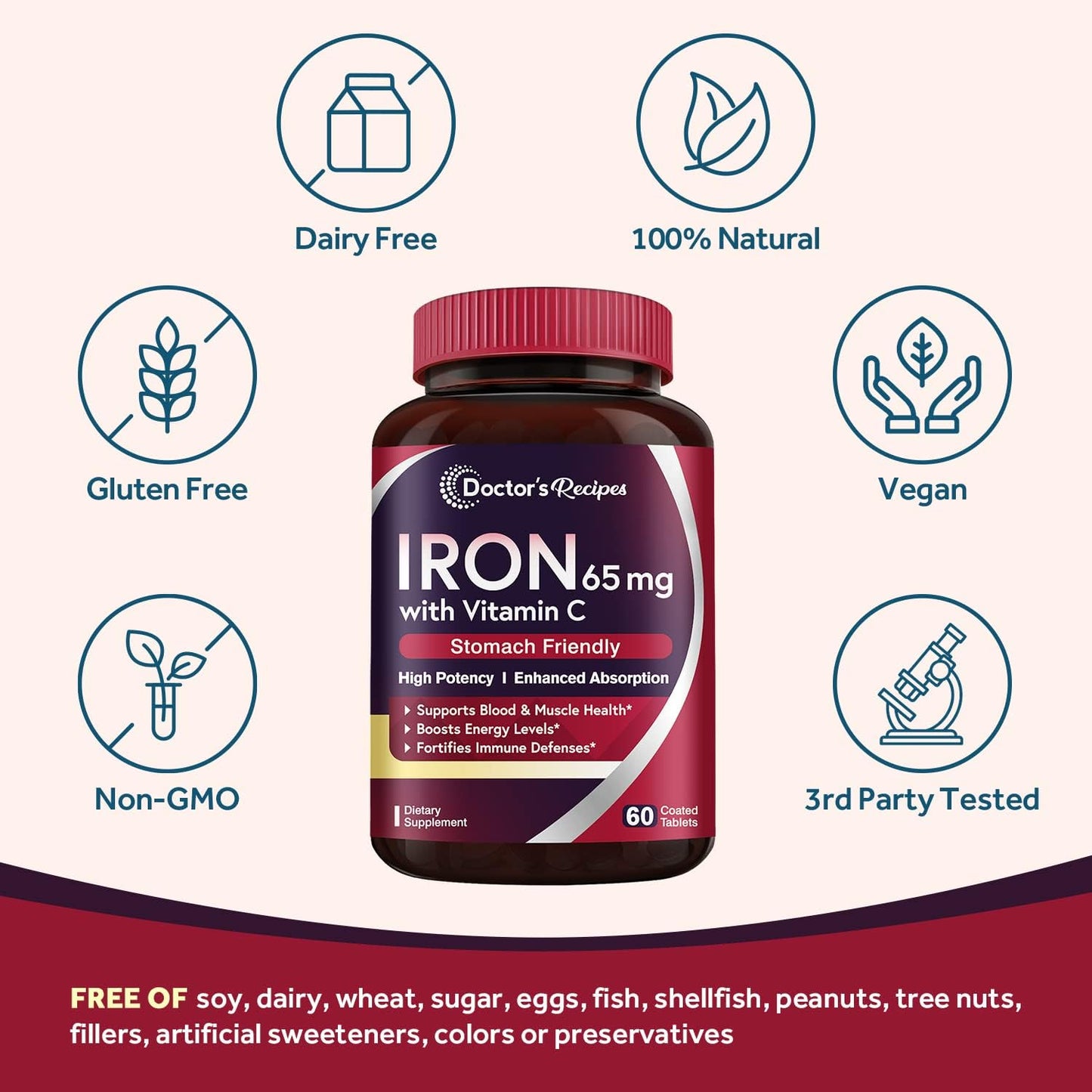 High Potency Iron Supplement with Vitamin C for Red Blood Cells & Immunity - 65 mg Iron Pills - Vegan & Non-GMO - 60 Tablets