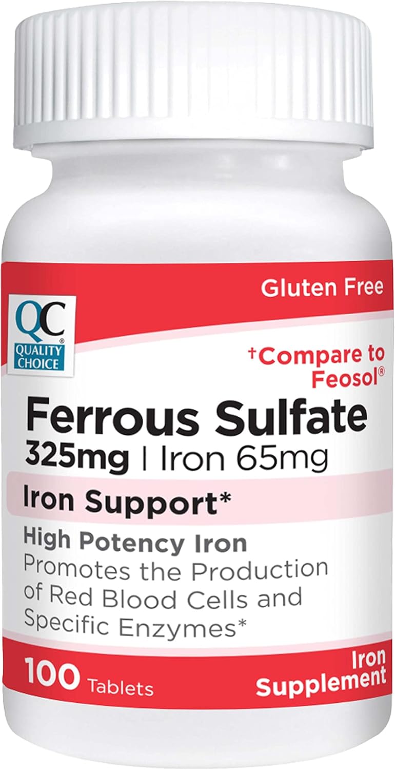 High Potency Iron Support Supplement Tablets - 100 Count Bottles - 65 mg Iron (325 mg Ferrous Sulfate) - Quality Choice