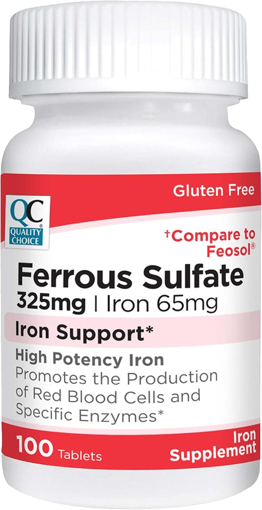 High Potency Iron Support Supplement Tablets - 100 Count Bottles - 65 mg Iron (325 mg Ferrous Sulfate) - Quality Choice