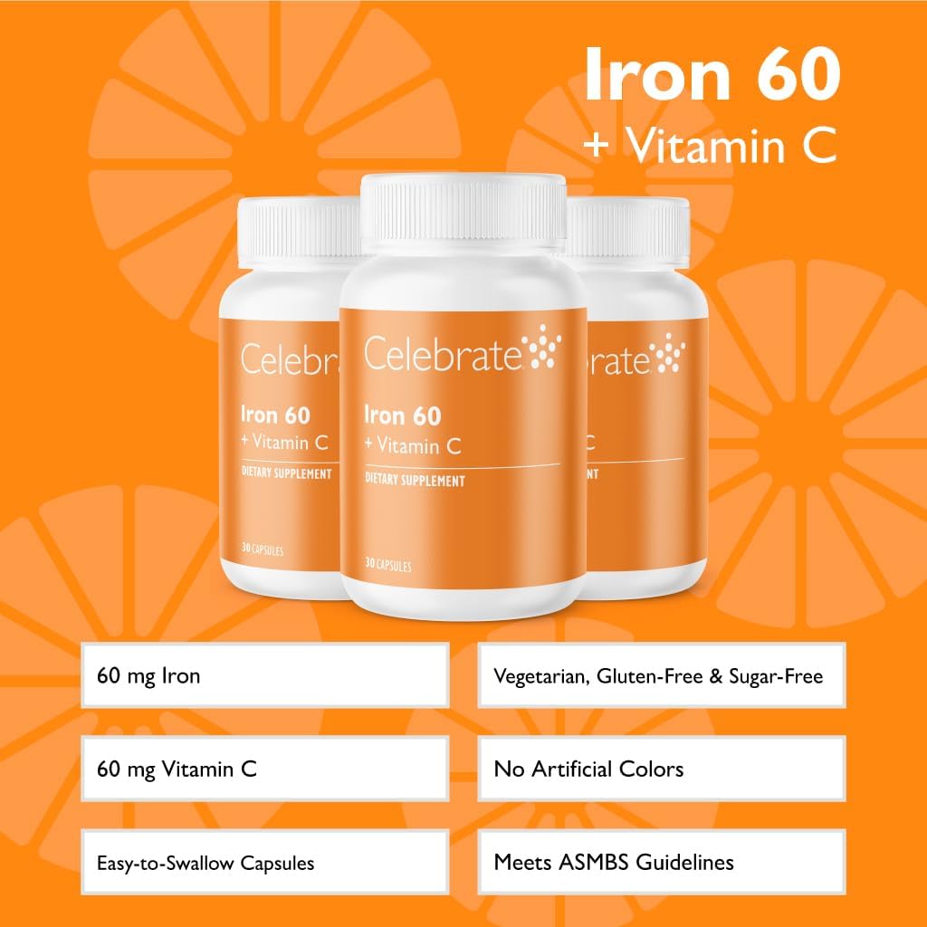High Potency Iron & Vitamin C Supplement for Bariatric Patients - 60mg Iron, 60mg Vitamin C - Supports WLS, Vertical Sleeve & Gastric Bypass (90 Capsules)