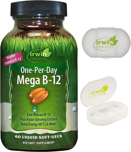 High Potency Irwin Naturals Mega B-12 Methylcobalamin Vitamin - Fast Absorption with MCT & Ginseng - Natural Energy Boost - 60 Softgels + Pill Case
