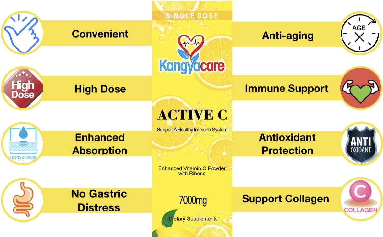 High Potency Kangyacare Active C Vitamin C Powder - 10 Packets - Single Dose - 7000mg - Immune Support & Antioxidant Protection - Enhanced Absorption - Neutral pH