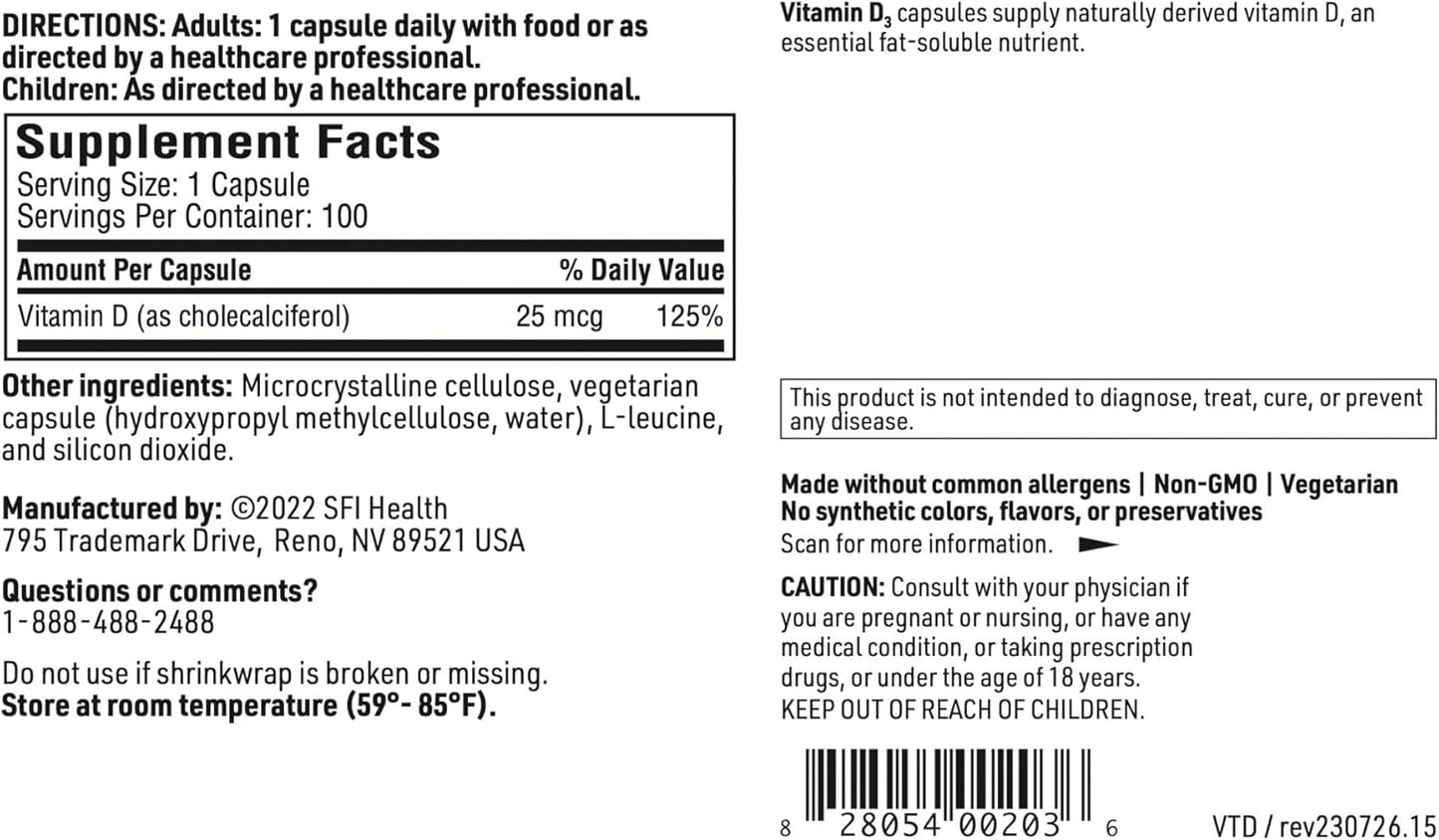 High Potency Klaire Labs Vitamin D3 1000 IU Capsules for Bone & Immune Support - Hypoallergenic Formula with 25mcg