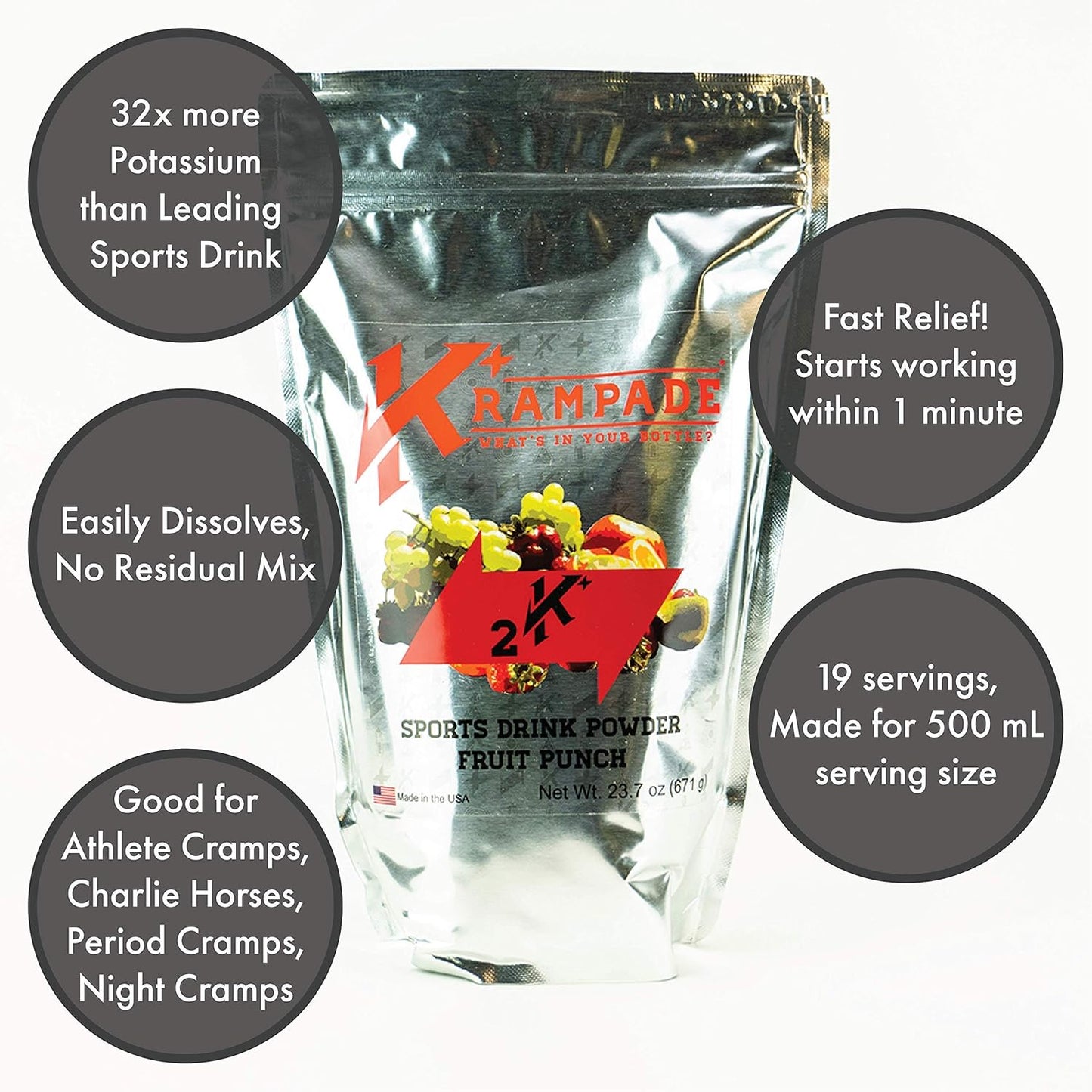 High-Potency Krampade Electrolyte Powder with 2000mg Potassium for Cramp Relief and Hydration Boost