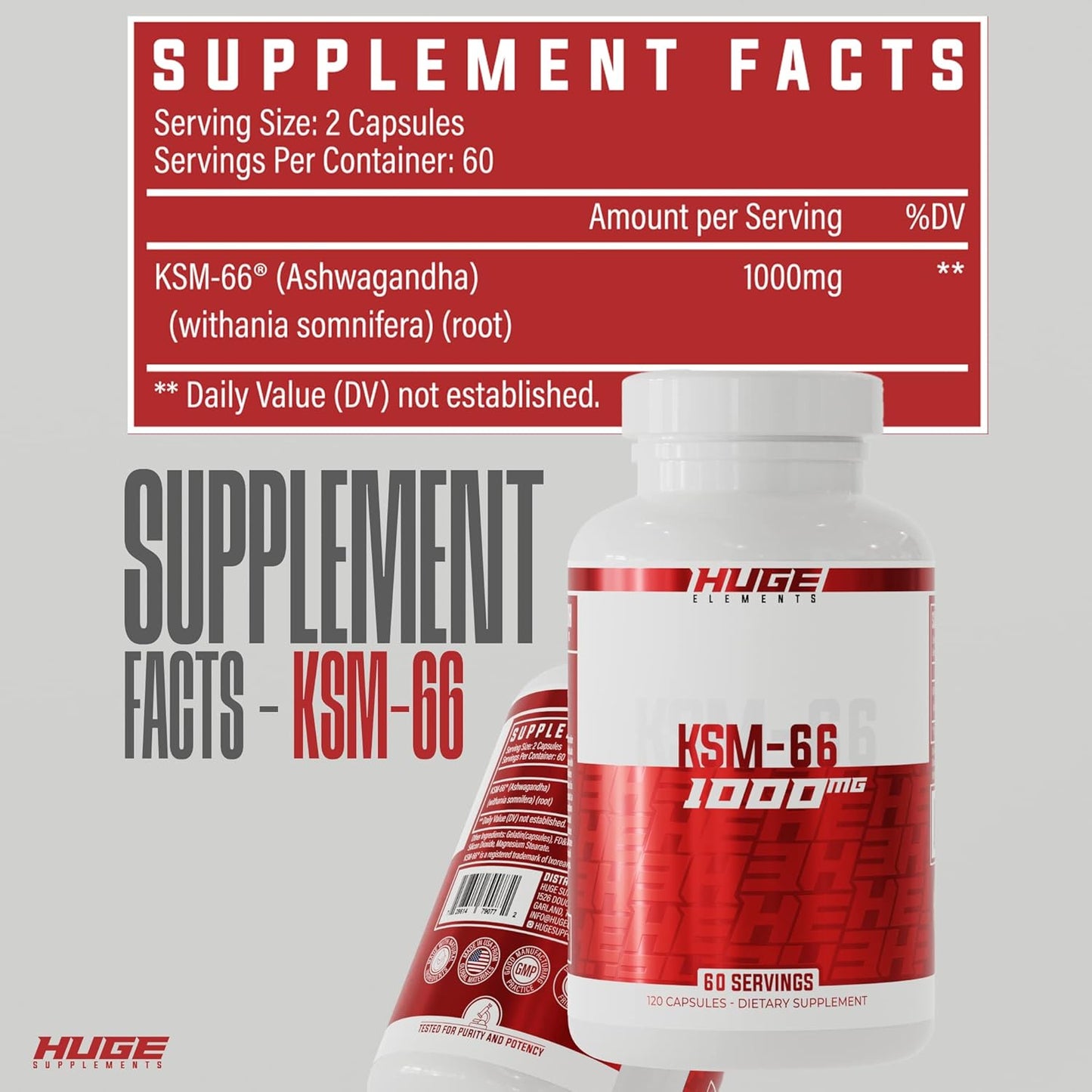 High Potency KSM-66 Ashwagandha Supplements - 1000mg Withanolides, Clinically Studied (120 Capsules)