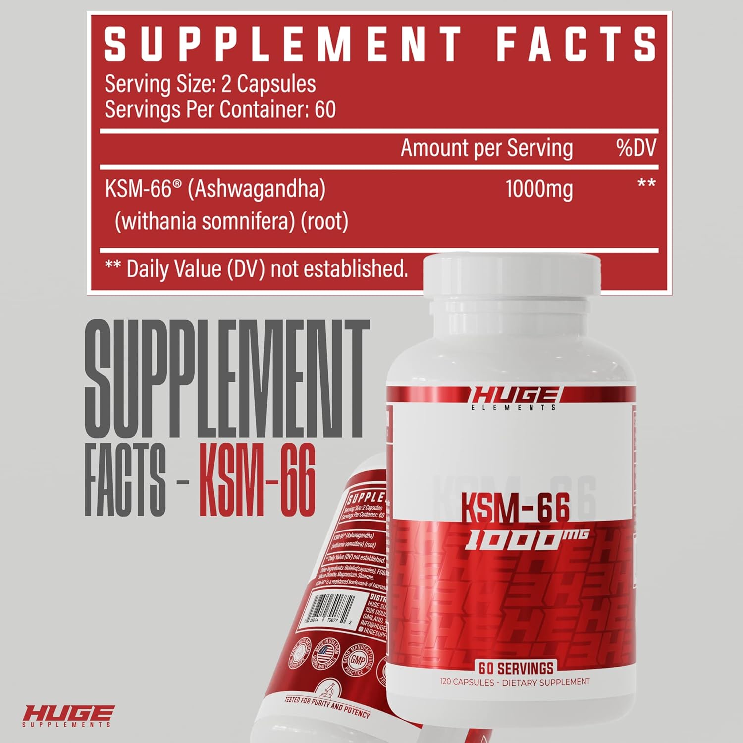 High Potency KSM-66 Ashwagandha Supplements - 1000mg Withanolides, Clinically Studied (120 Capsules)