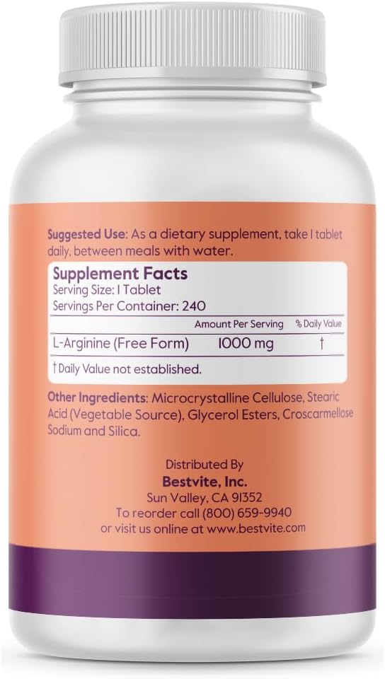 High Potency L-Arginine Tablets (240 Count) - 1000mg with 20% More Pure L-Arginine - Premium Quality Supplement