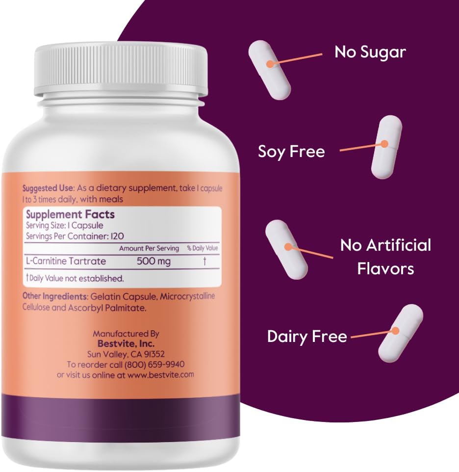 High Potency L-Carnitine Tartrate 500mg Capsules - 240 Count (2 Bottles of 120) - No Stearates - Non GMO - Gluten Free