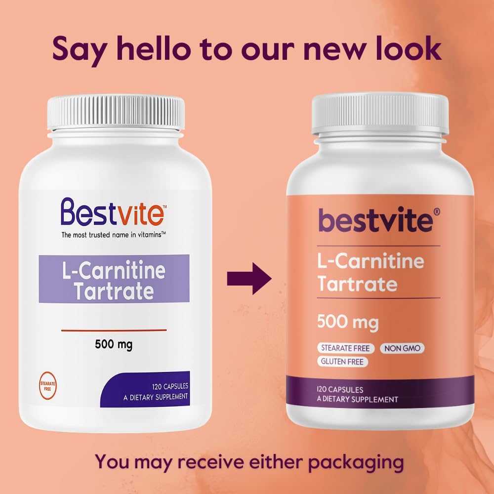 High Potency L-Carnitine Tartrate 500mg Capsules - 240 Count (2 Bottles of 120) - No Stearates - Non GMO - Gluten Free