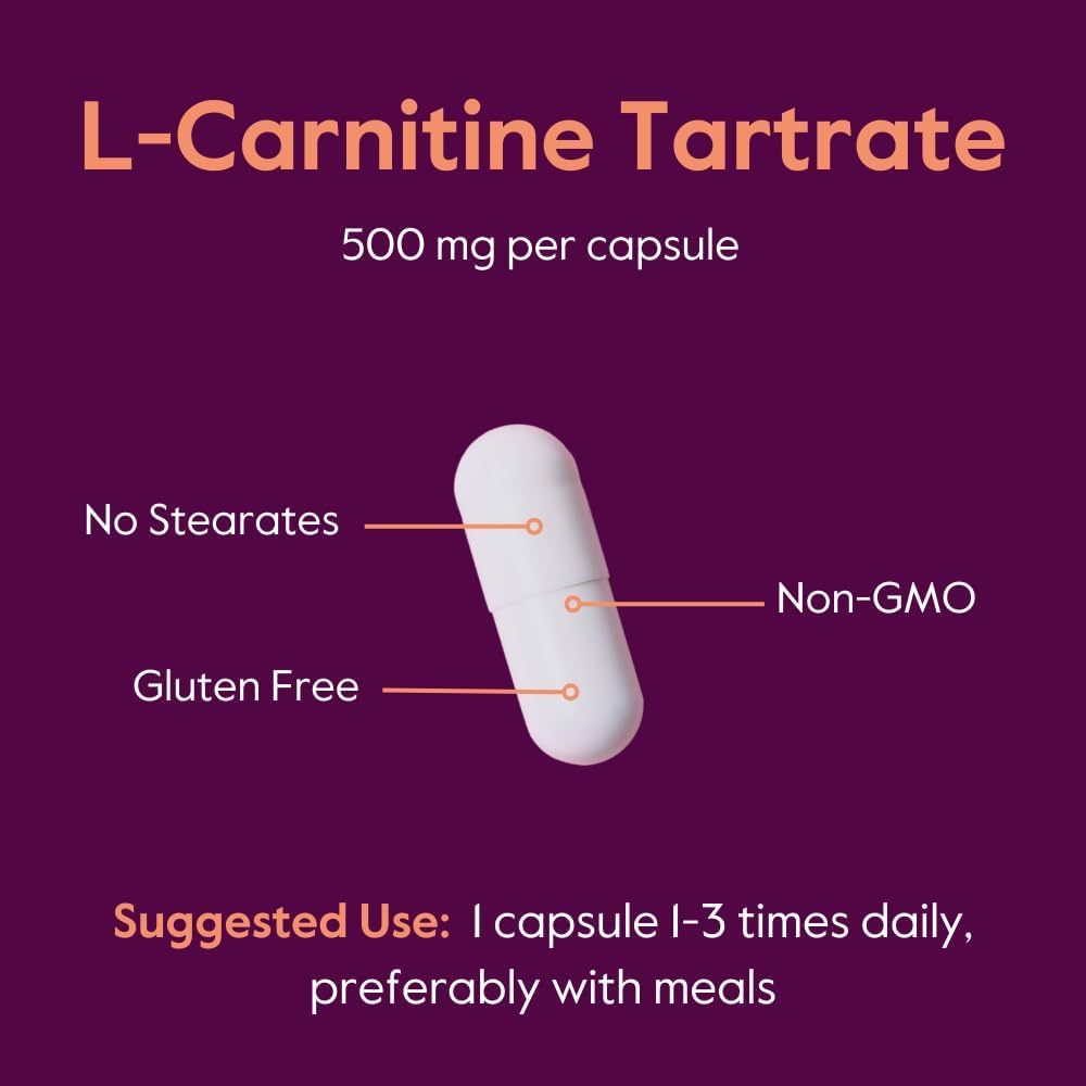 High Potency L-Carnitine Tartrate 500mg Capsules - 240 Count (2 Bottles of 120) - No Stearates - Non GMO - Gluten Free