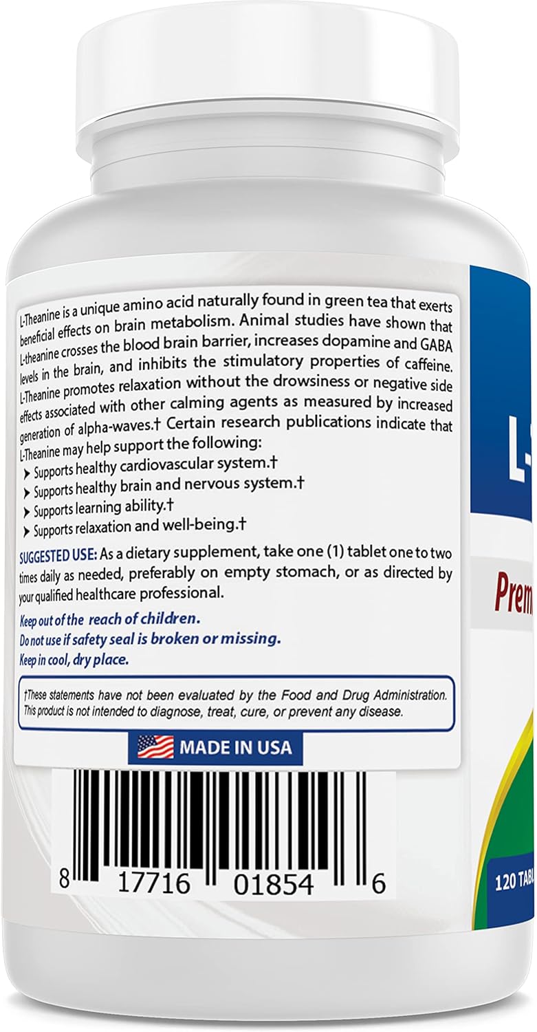 High Potency L-Theanine Tablets - 200mg Per Tablet - Promotes Relaxation - Non-Drowsy Formula - 120 Vegetarian Tablets - Pack of 360 Tablets