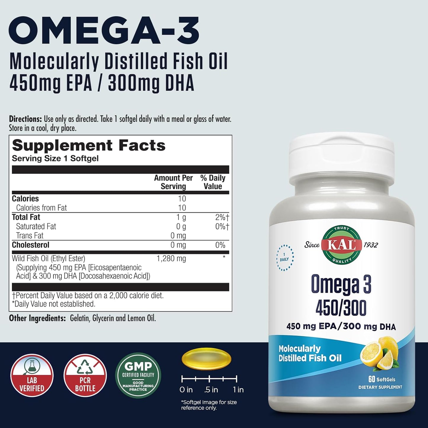 High Potency Lemon-Flavored Omega 3 Fish Oil Softgels, 1280 Mg, 60 Count
