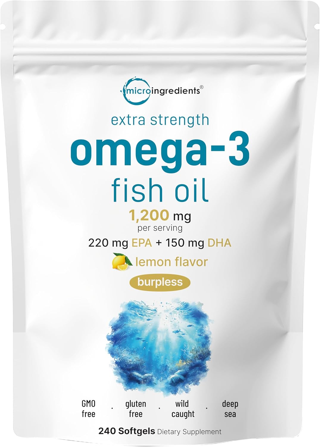 High-Potency Lemon Flavored Omega 3 Fish Oil Supplements, 1,200mg, 240 Softgels - EPA 220mg, DHA 150mg - Burpless Formula
