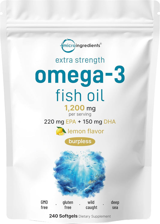 High-Potency Lemon Flavored Omega 3 Fish Oil Supplements, 1,200mg, 240 Softgels - EPA 220mg, DHA 150mg - Burpless Formula