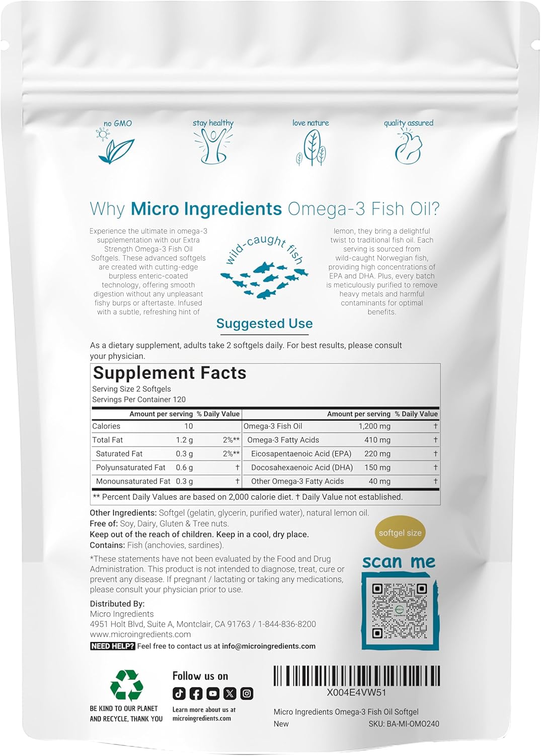 High-Potency Lemon Flavored Omega 3 Fish Oil Supplements, 1,200mg, 240 Softgels - EPA 220mg, DHA 150mg - Burpless Formula
