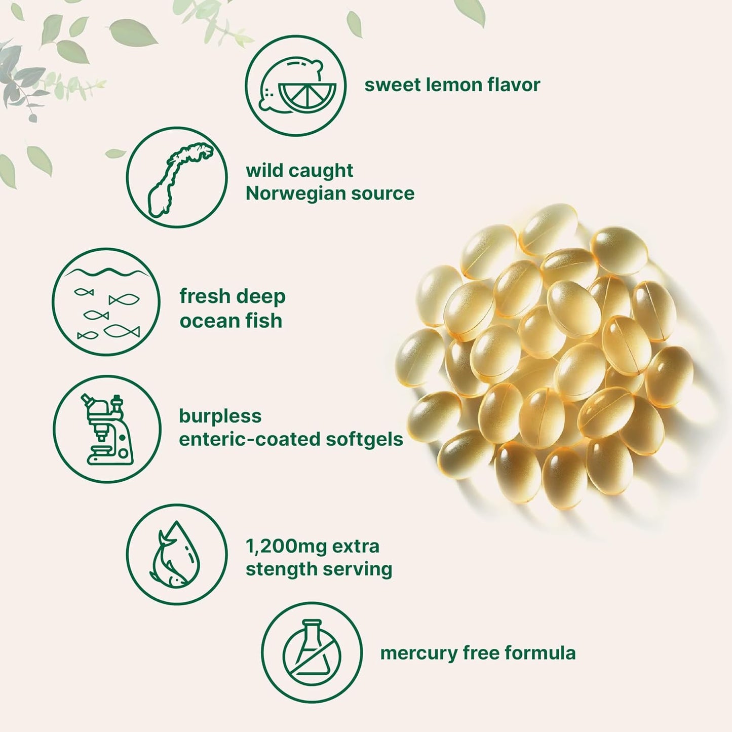 High-Potency Lemon Flavored Omega 3 Fish Oil Supplements, 1,200mg, 240 Softgels - EPA 220mg, DHA 150mg - Burpless Formula