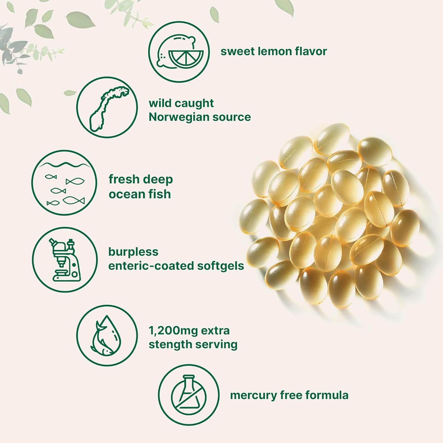 High-Potency Lemon Flavored Omega 3 Fish Oil Supplements, 1,200mg, 240 Softgels - EPA 220mg, DHA 150mg - Burpless Formula