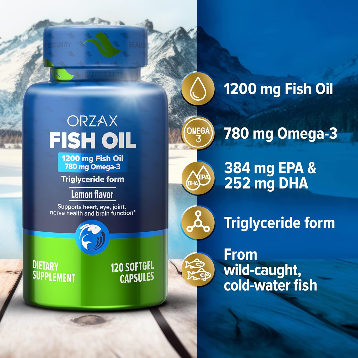 High Potency Lemon Flavored Omega 3 Fish Oil Supplement - 120 Softgels - Heart, Eye, Joint, Nerve & Brain Support - EPA DHA Omega 3 Formula