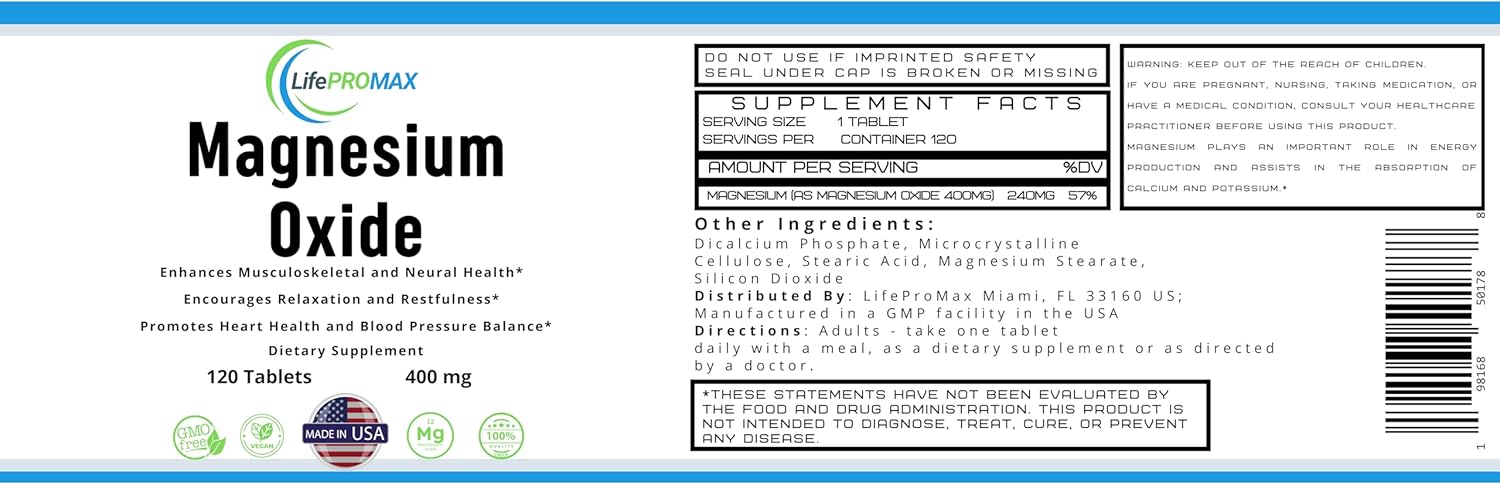 High Potency LifePROMAX Magnesium Oxide Supplement 400mg for Immune Support, Muscle Recovery, Leg Cramps and Relaxation - 120 Tablets
