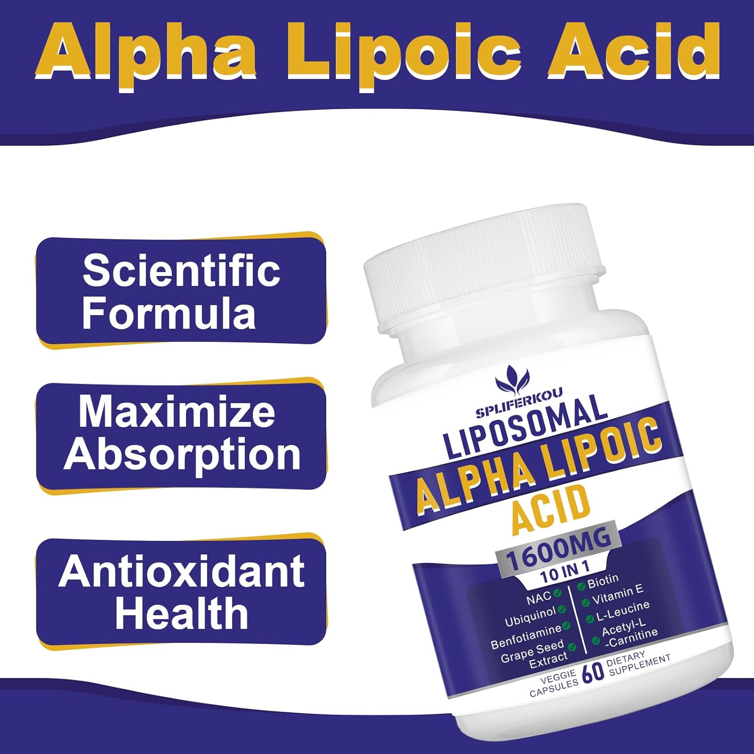 High Potency Liposomal Alpha Lipoic Acid 1600mg - Antioxidant & Energy Support - Gluten Free, Non GMO - 180 Capsules