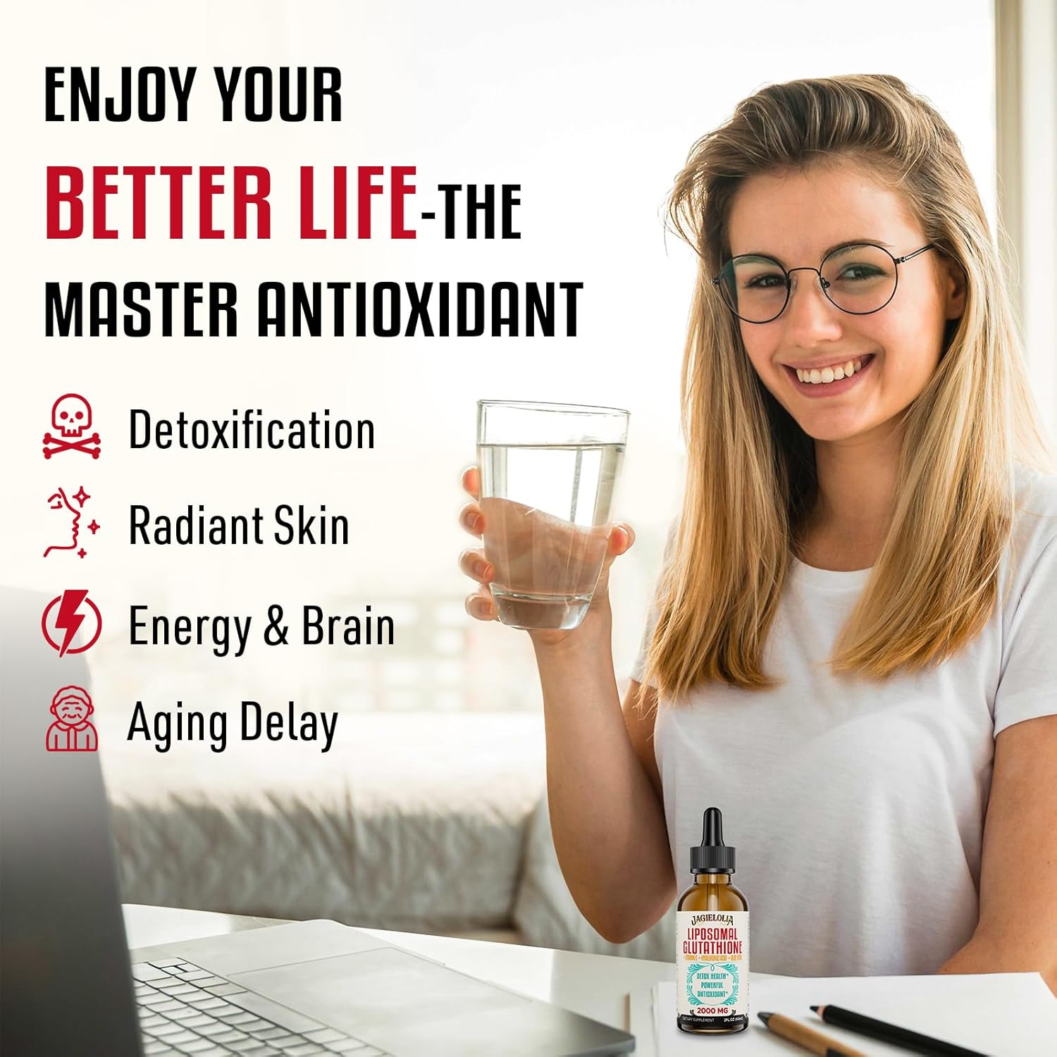 High Potency Liposomal Glutathione Liquid Drops - 2000 MG Supplement for Liver Detox, Energy Boost, Anti-Aging - Superior Absorption - 2 Fl. Oz
