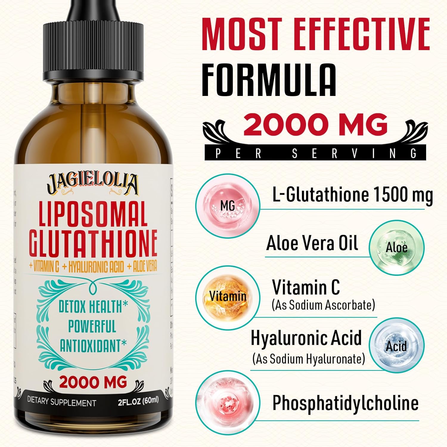 High Potency Liposomal Glutathione Liquid Drops - 2000 MG Supplement for Liver Detox, Energy Boost, Anti-Aging - Superior Absorption - 2 Fl. Oz