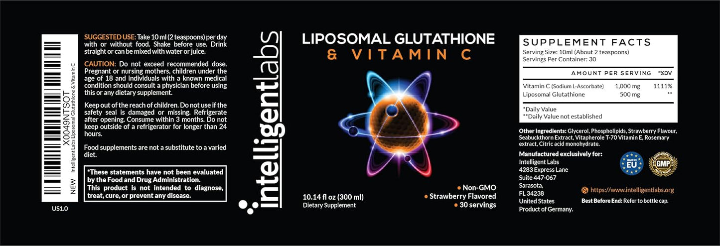 High Potency Liposomal Glutathione + Vitamin C Liquid Antioxidant Formula - 500mg Glutathione + 1000mg Vitamin C, 30 Servings