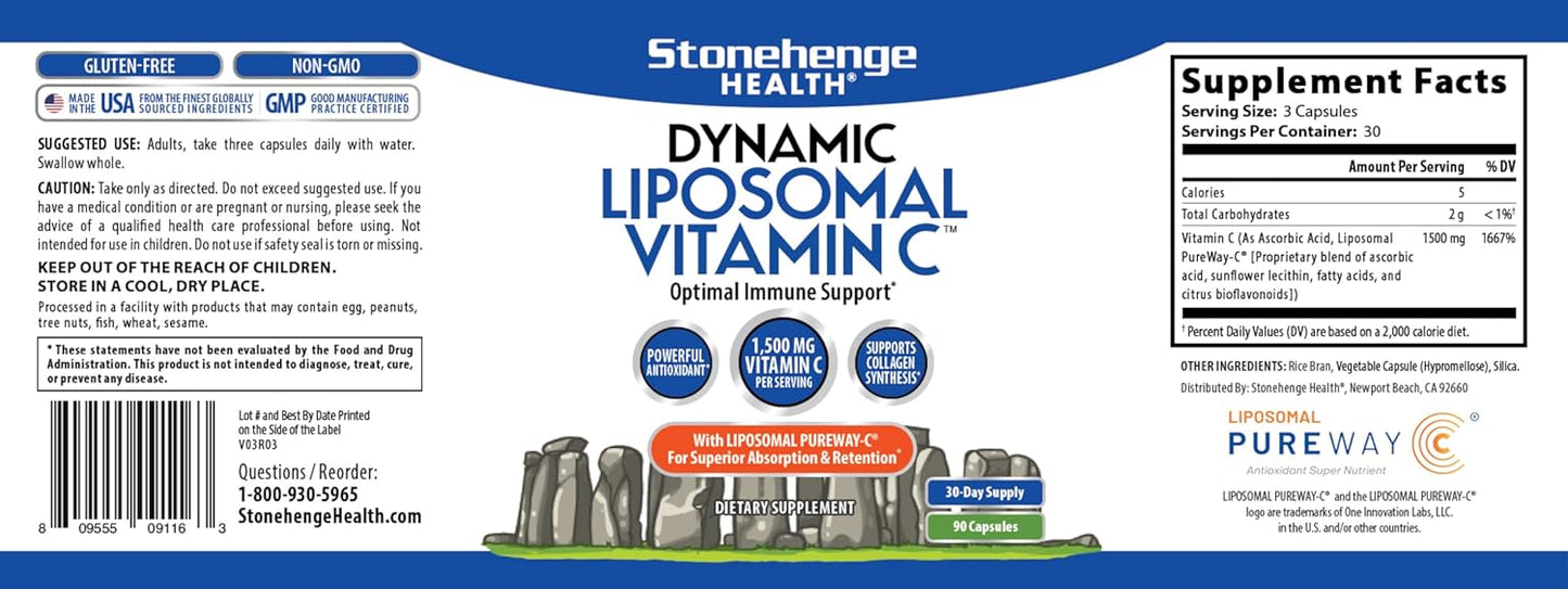 High Potency Liposomal Vitamin C Capsules - 1500mg - 90 Count - Non-GMO Sunflower Source - Immune System Support, Collagen, Brain Health*
