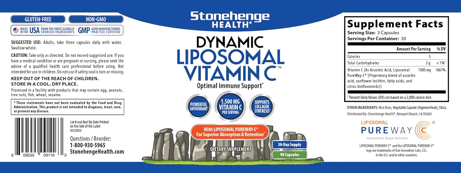 High Potency Liposomal Vitamin C Capsules - 1500mg - 90 Count - Non-GMO Sunflower Source - Immune System Support, Collagen, Brain Health*