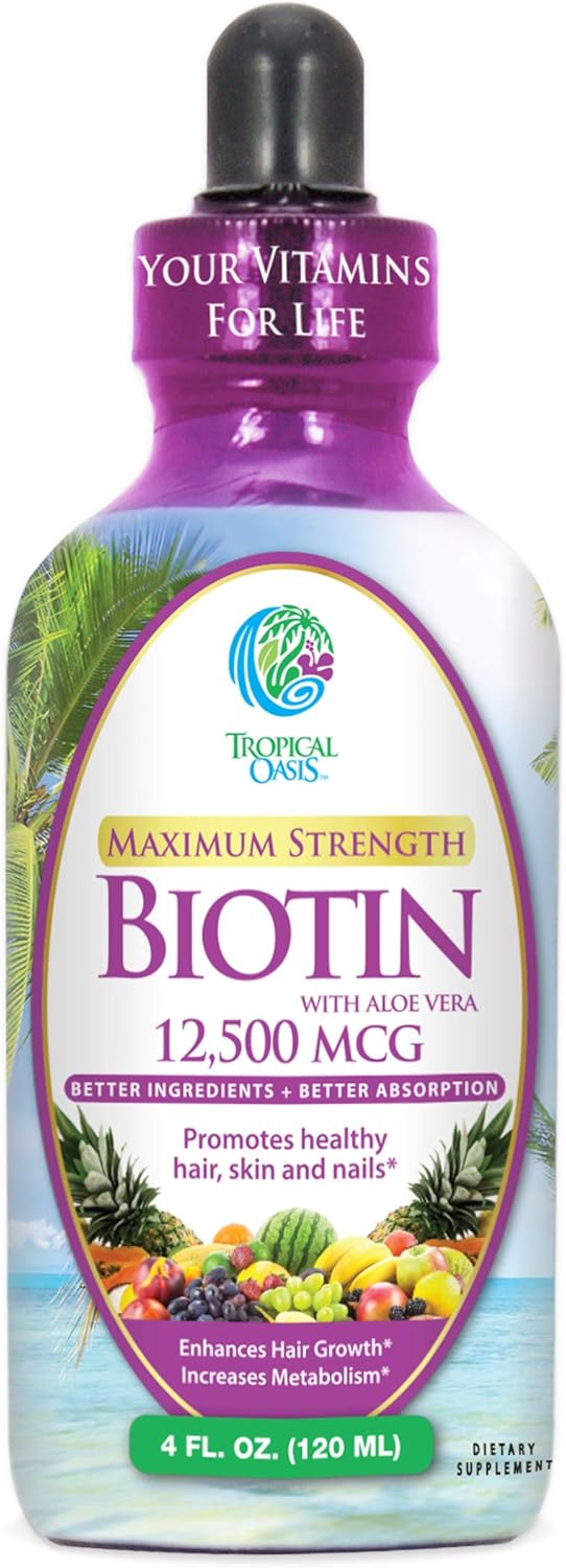 High Potency Liquid Biotin Drops for Fast Hair Growth & Healthy Skin - 12,500 MCG, Vegan, Max Absorption - 4oz, 30 Servings