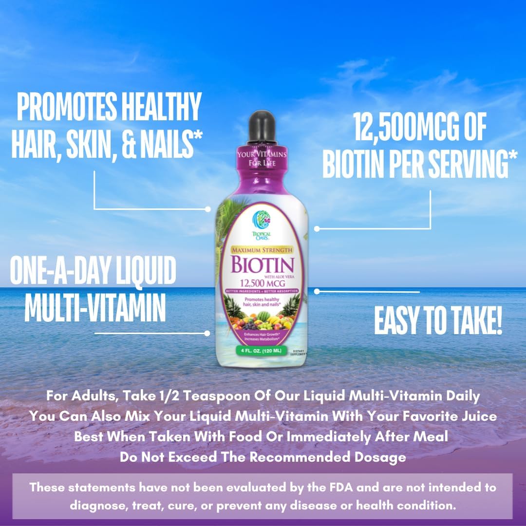 High Potency Liquid Biotin Drops for Fast Hair Growth & Healthy Skin - 12,500 MCG, Vegan, Max Absorption - 4oz, 30 Servings
