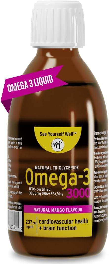 High Potency Liquid Omega 3 Fish Oil for Brain, Eye, Heart, Joint & Immune Health - Natural Triglyceride, 237ml/8oz - 48 Servings, Mango Flavor