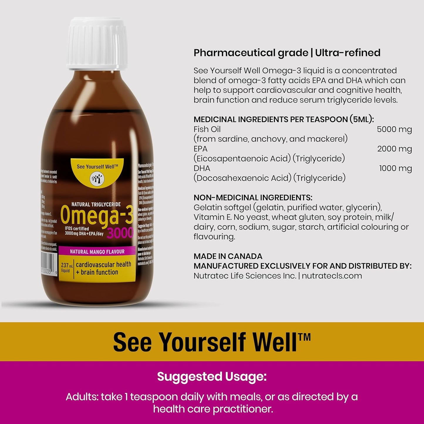 High Potency Liquid Omega 3 Fish Oil for Brain, Eye, Heart, Joint & Immune Health - Natural Triglyceride, 237ml/8oz - 48 Servings, Mango Flavor