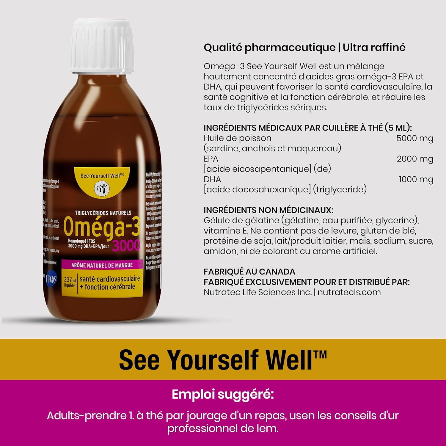 High Potency Liquid Omega 3 Fish Oil for Brain, Eye, Heart, Joint & Immune Health - Natural Triglyceride, 237ml/8oz - 48 Servings, Mango Flavor