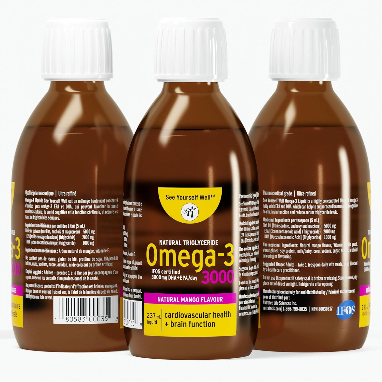 High Potency Liquid Omega 3 Fish Oil for Brain, Eye, Heart, Joint & Immune Health - Natural Triglyceride, 237ml/8oz - 48 Servings, Mango Flavor