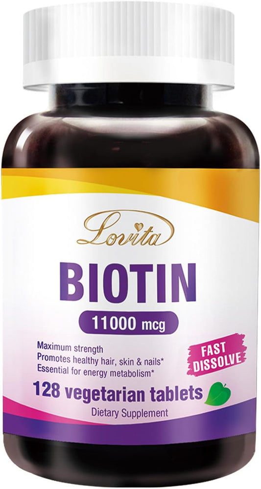 High Potency Lovita Biotin 11000mcg Tablets for Hair, Skin, and Nail Growth - 128 Vegetarian Fast Dissolving Tablets