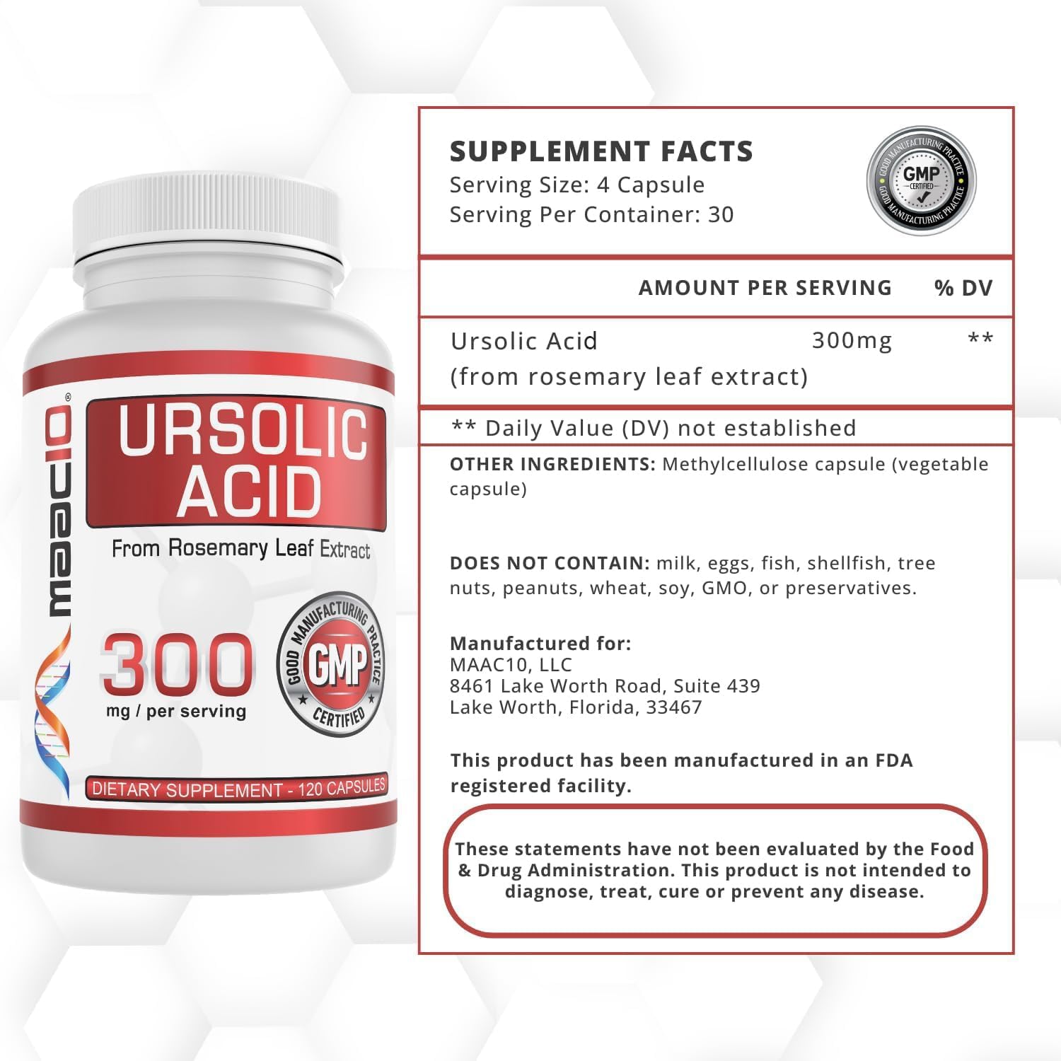 High Potency MAAC10 Ursolic Acid Capsules | 300mg per Serving | Rosemary Extract | AMPK & Sirtuin Activator | Lab Tested