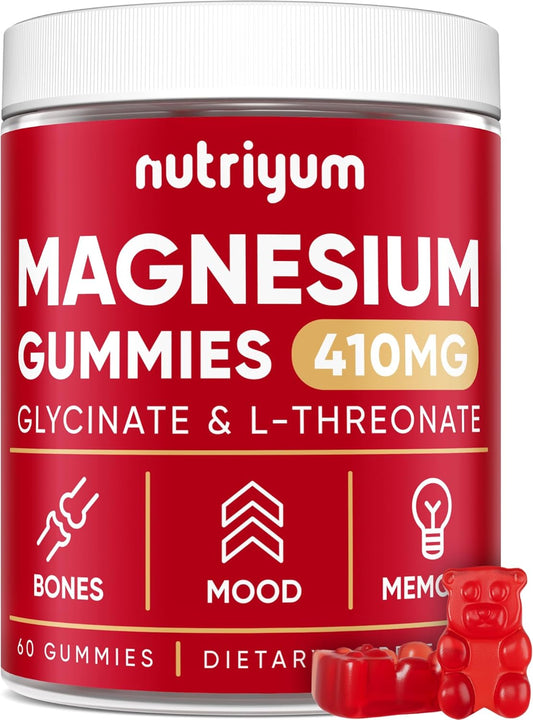 High Potency Magnesium Glycinate Gummies for Bones, Memory, and Mood Support - 60 Chewables, 2 Month Supply - Nutriyum Magnesium Gummies