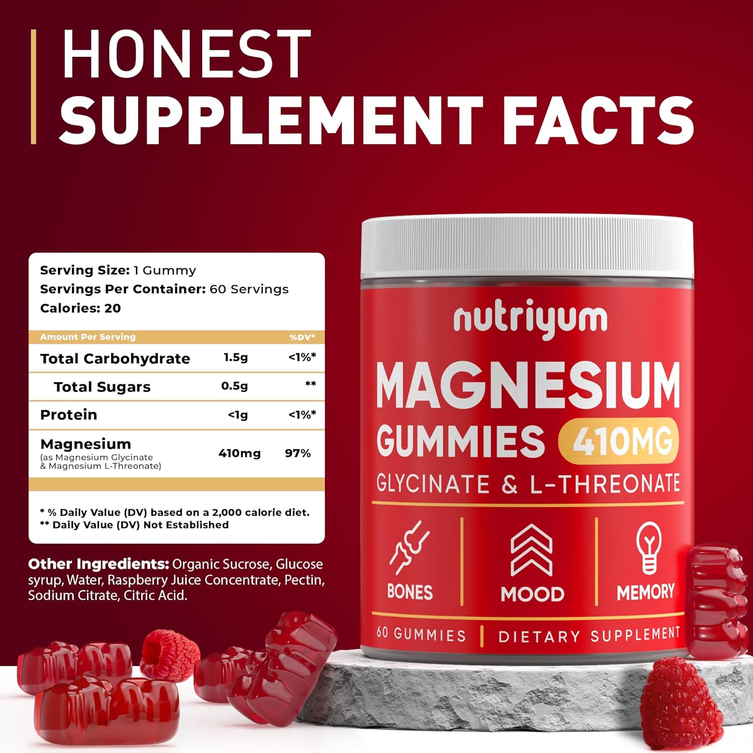 High Potency Magnesium Glycinate Gummies for Bones, Memory, and Mood Support - 60 Chewables, 2 Month Supply - Nutriyum Magnesium Gummies