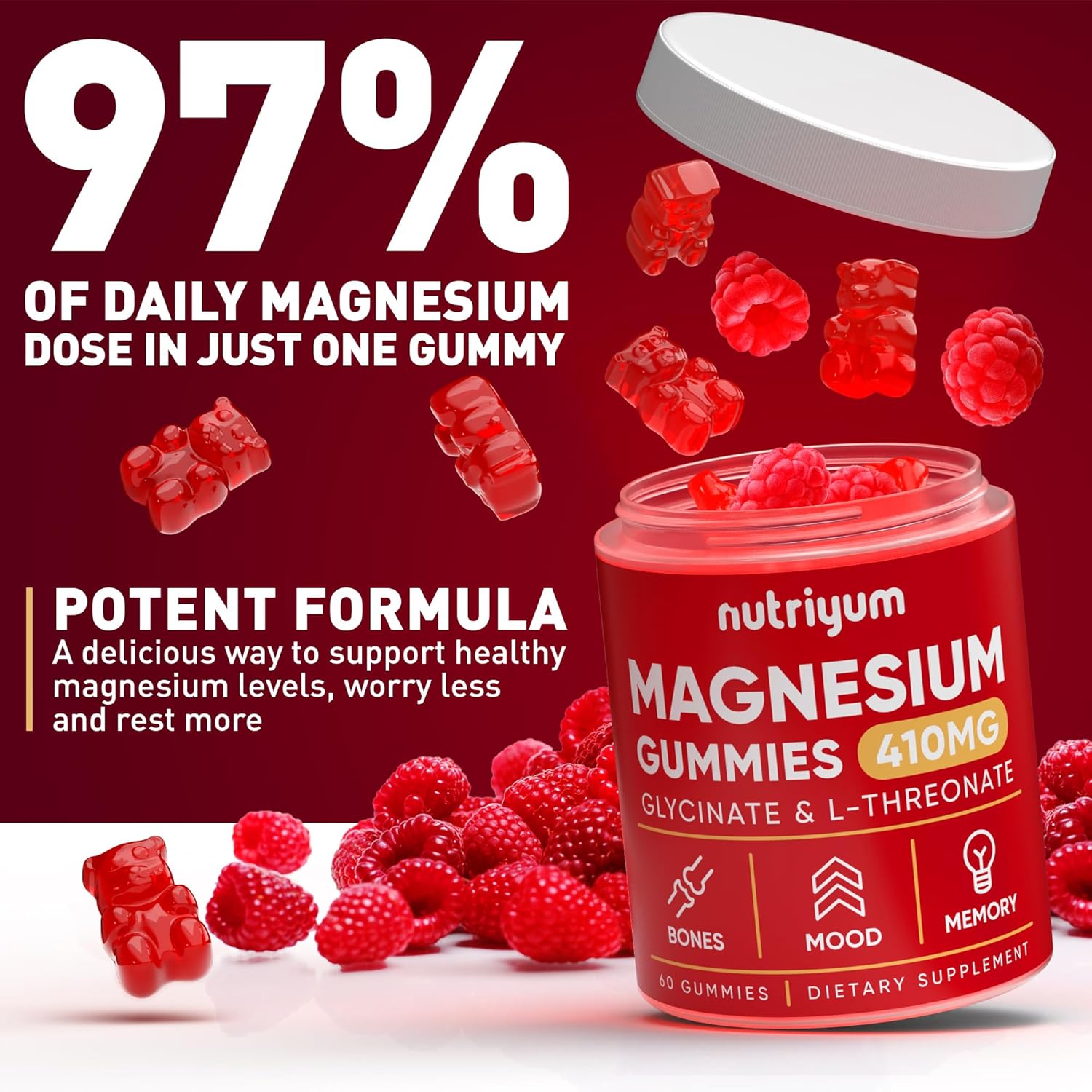 High Potency Magnesium Glycinate Gummies for Bones, Memory, and Mood Support - 60 Chewables, 2 Month Supply - Nutriyum Magnesium Gummies