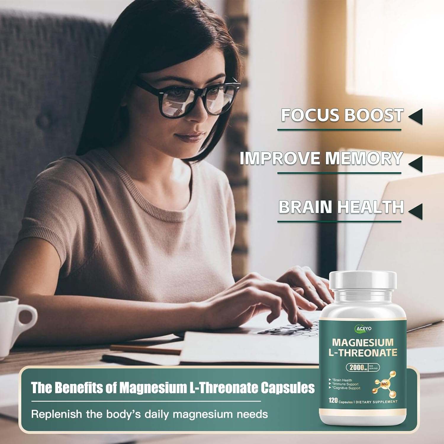 High Potency Magnesium L-Threonate Capsules - 2000 mg Supplement for Brain, Sleep, Memory & Attention - 120 Vegetarian Capsules for Men & Women
