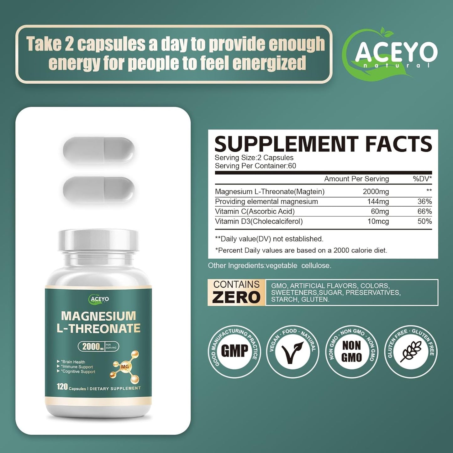 High Potency Magnesium L-Threonate Capsules - 2000 mg Supplement for Brain, Sleep, Memory & Attention - 120 Vegetarian Capsules for Men & Women