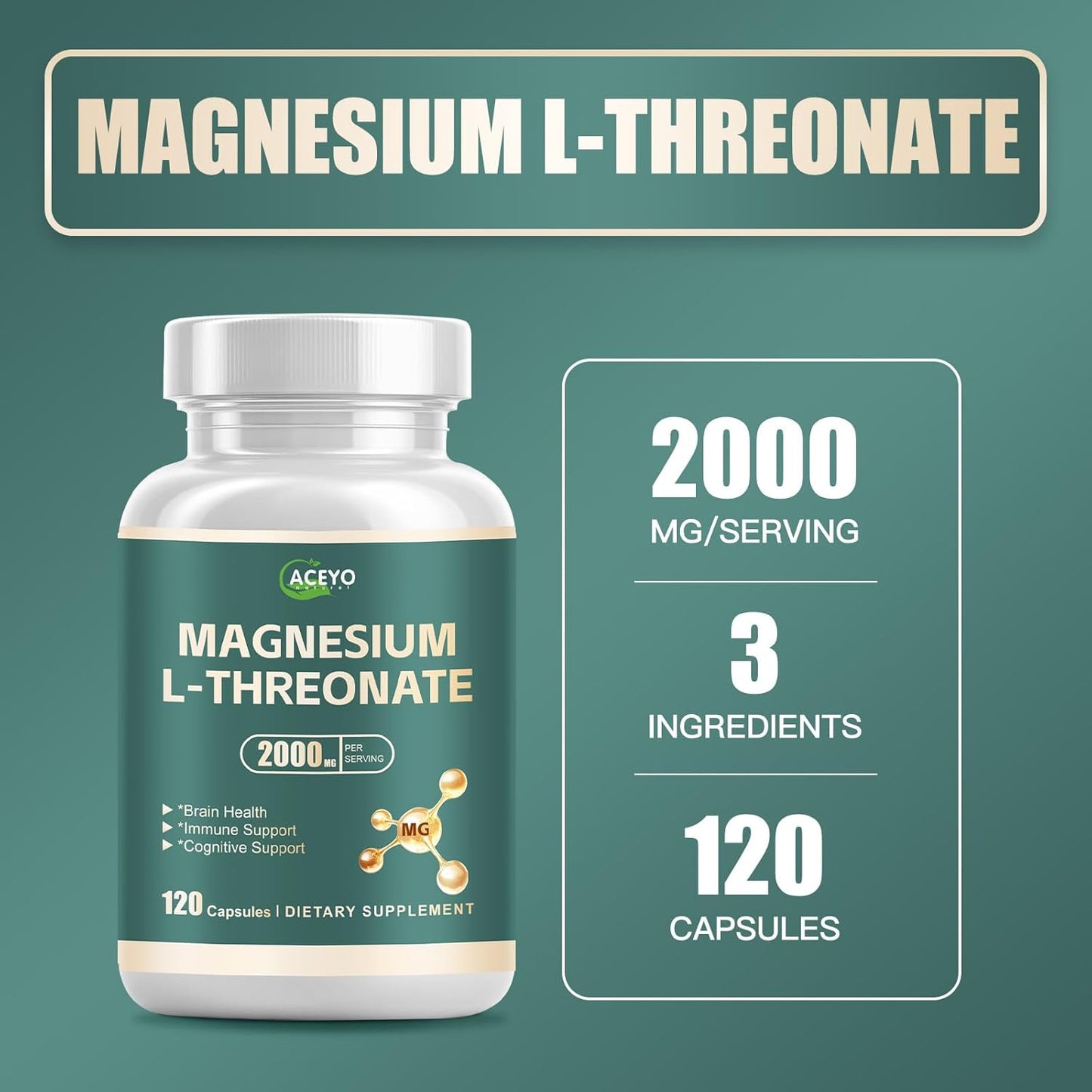 High Potency Magnesium L-Threonate Capsules - 2000 mg Supplement for Brain, Sleep, Memory & Attention - 120 Vegetarian Capsules for Men & Women