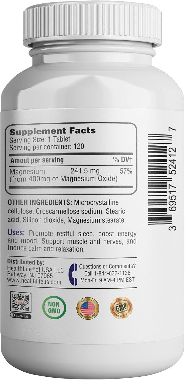 High Potency Magnesium Oxide Supplement 400mg for Immune Support, Muscle Recovery, Leg Cramps, and Relaxation - 120 Tablets USA Made