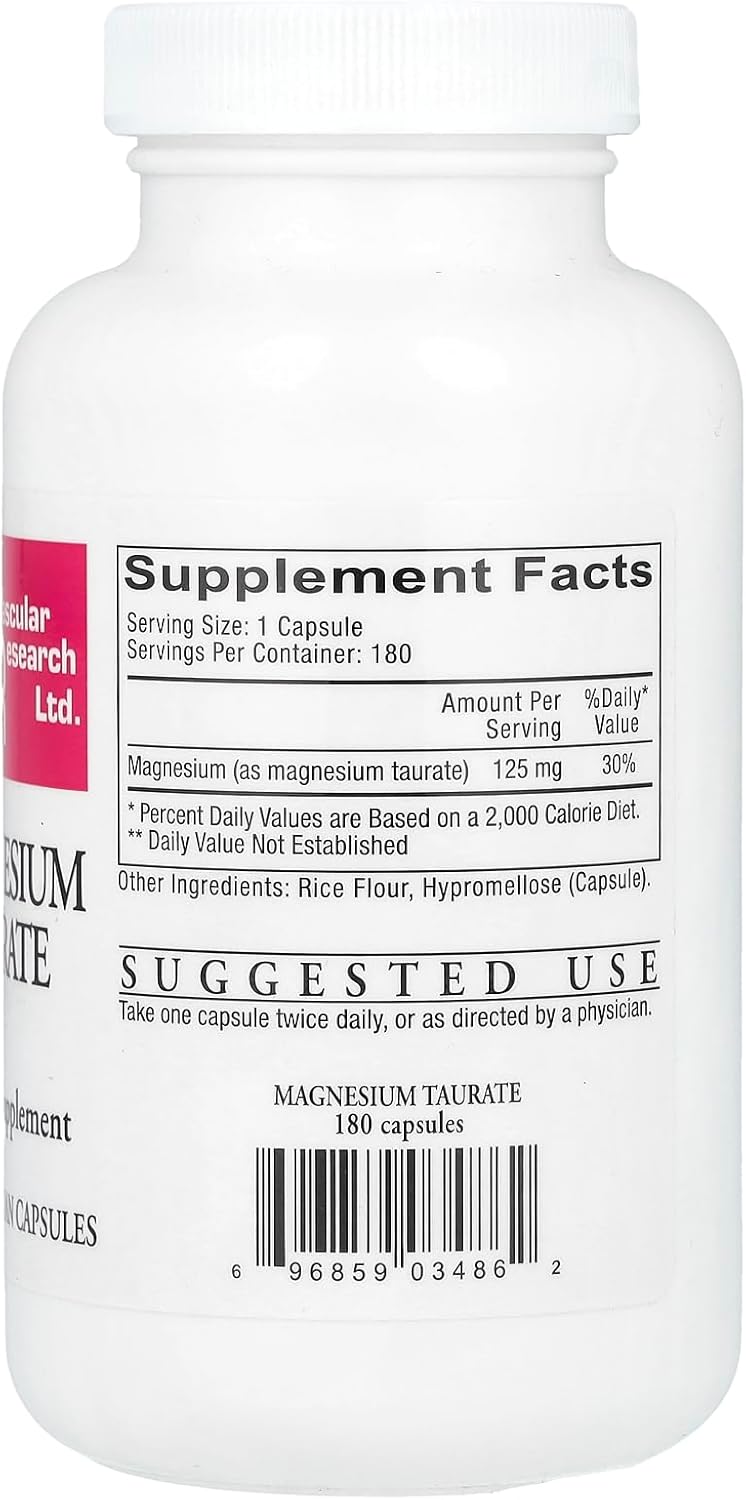 High Potency Magnesium Taurate Capsules 125mg - 180 Count - Cardiovascular Health Support