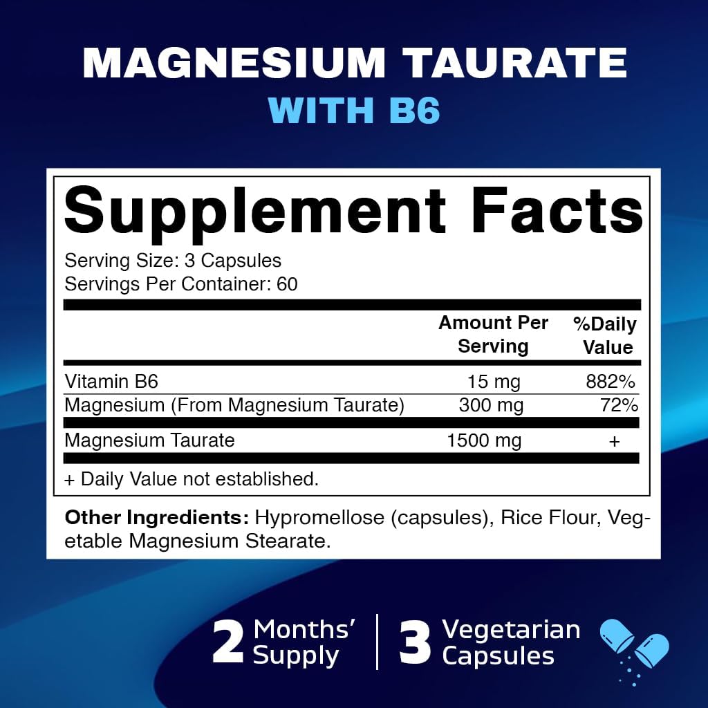 High-Potency Magnesium Taurate Capsules with B6 - 180 Vegetarian Capsules - Supports Muscle, Joint, and Heart Health - 1500mg per Serving