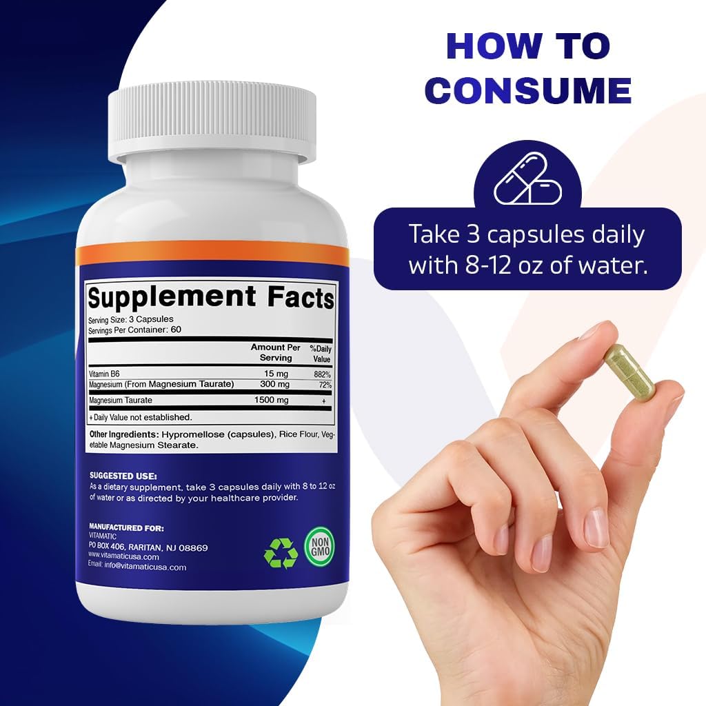 High-Potency Magnesium Taurate Capsules with B6 - 180 Vegetarian Capsules - Supports Muscle, Joint, and Heart Health - 1500mg per Serving